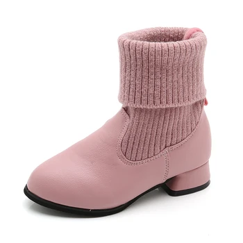 

winter Kids snow Boots Girls leather Shoes princess fashion solid color knitted warm Children girls Martin Boots with Low Heel