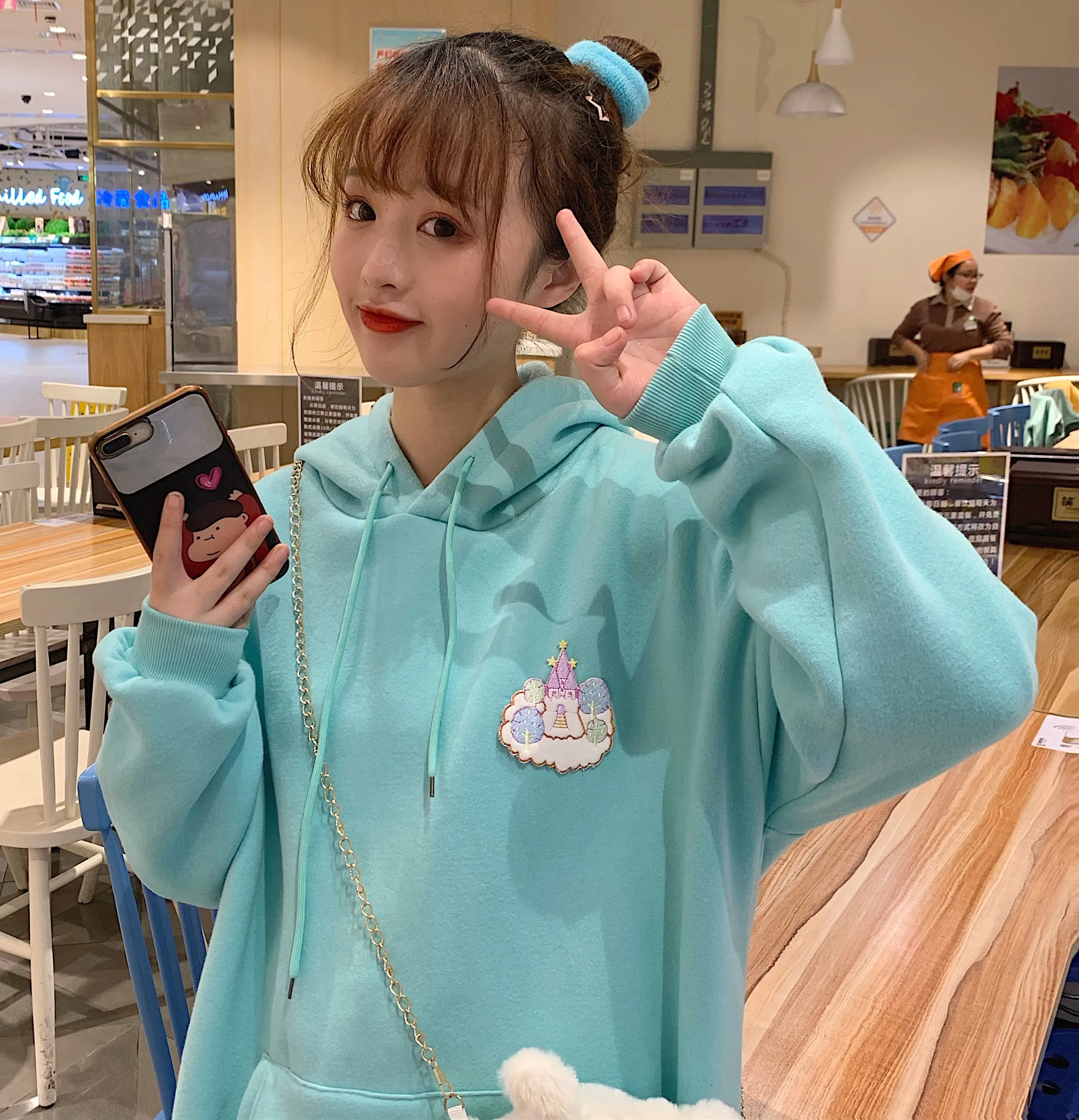 Осень Harajuku Kawaii толстовки Лолита милый замок шаблон печати пуловер плюс толстый бархат толстовка для женщин топы с длинными рукавами