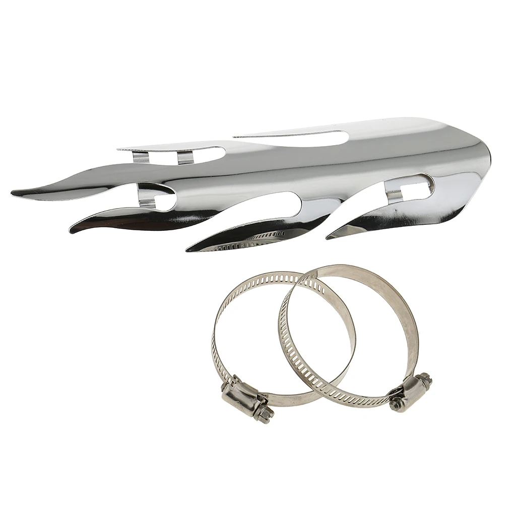 Universal Motorcycle Exhaust Silencer Pipe Cover Muffler Heat Shield Decor Heel Guard Flame, Silver