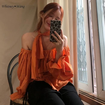 

WHITNEY WANG Blouses 2020 Spring Fashion Streetwear Slash neck Ruched Blouse Women Blusas Lady Shirt Top