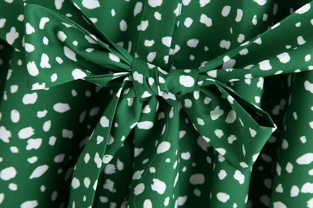 ZA осеннее Новое зеленое леопардовое длинное платье с поясом богемное женское модное Повседневное платье с отложным воротником и рукавом 3/4