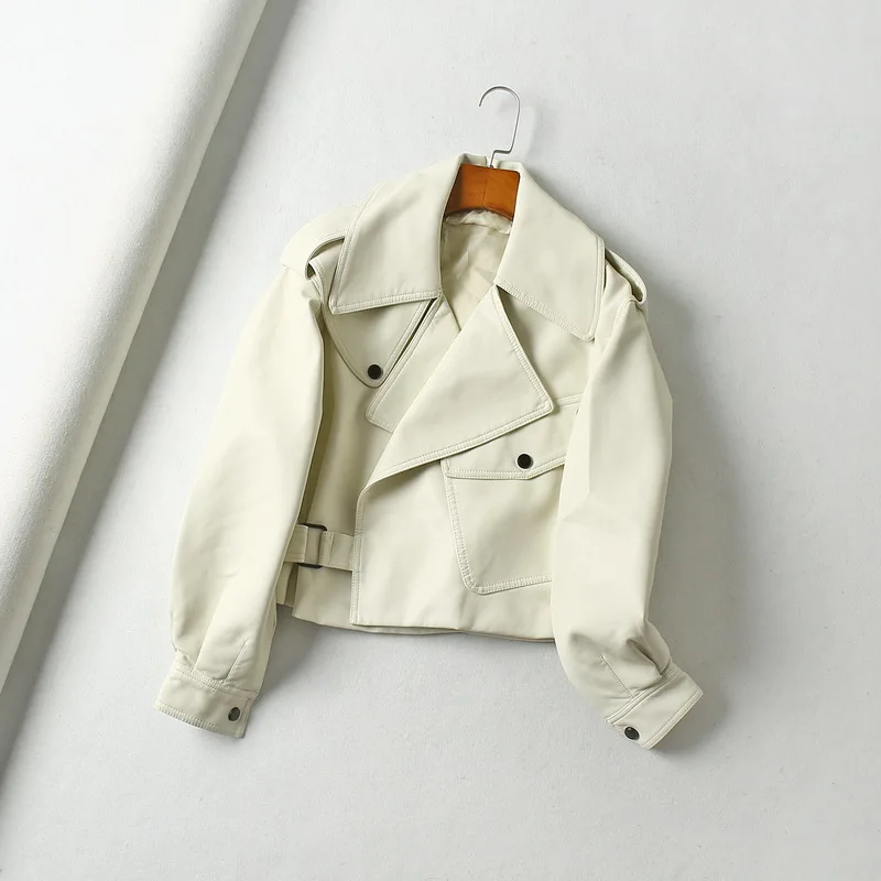 

2021 New Spring Women Pu Leather Motorcycle Jacket Female With Belt Solid Color Jackets Ladys Loose Casual Jacket