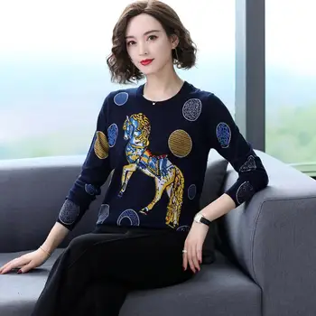 

plus size 2xl 3xl 2019 Spring Autumn Loose Knitted Sweater horse print Women O-Neck Sweater Pullover