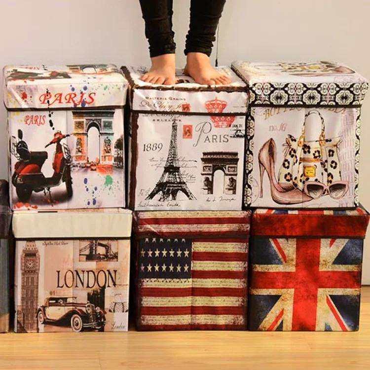 

European Style England Vintage Printed Coated Film Folding Storage Stool Changing His Shoes Sorting Box for Collection Foldable