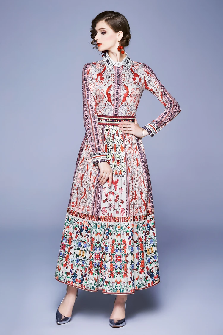 H Han Queen Women Vintage A-line Long Dress Ladies Winter Business Office Party Print Pleated Dresses Trun-down Collar Vestidos