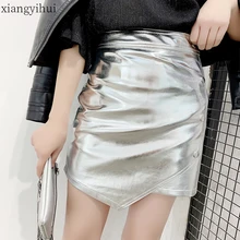 Серебристые вечерние женские юбки, Женская Сексуальная Асимметричная юбка, черная Весенняя юбка с высокой талией, новая Корейская женская юбка из искусственной кожи