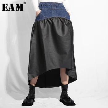 

Special Benefits [EAM] 2020 New Spring High Elastic Waist Pu Leather Irregular Pleated Denim Half-body Skirt Women Fashion JO27