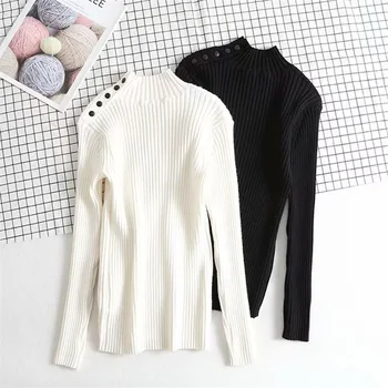 

Spring and autumn new casual half turtleneck knitted long-sleeved sweater, shoulder button solid color pullover sweater women