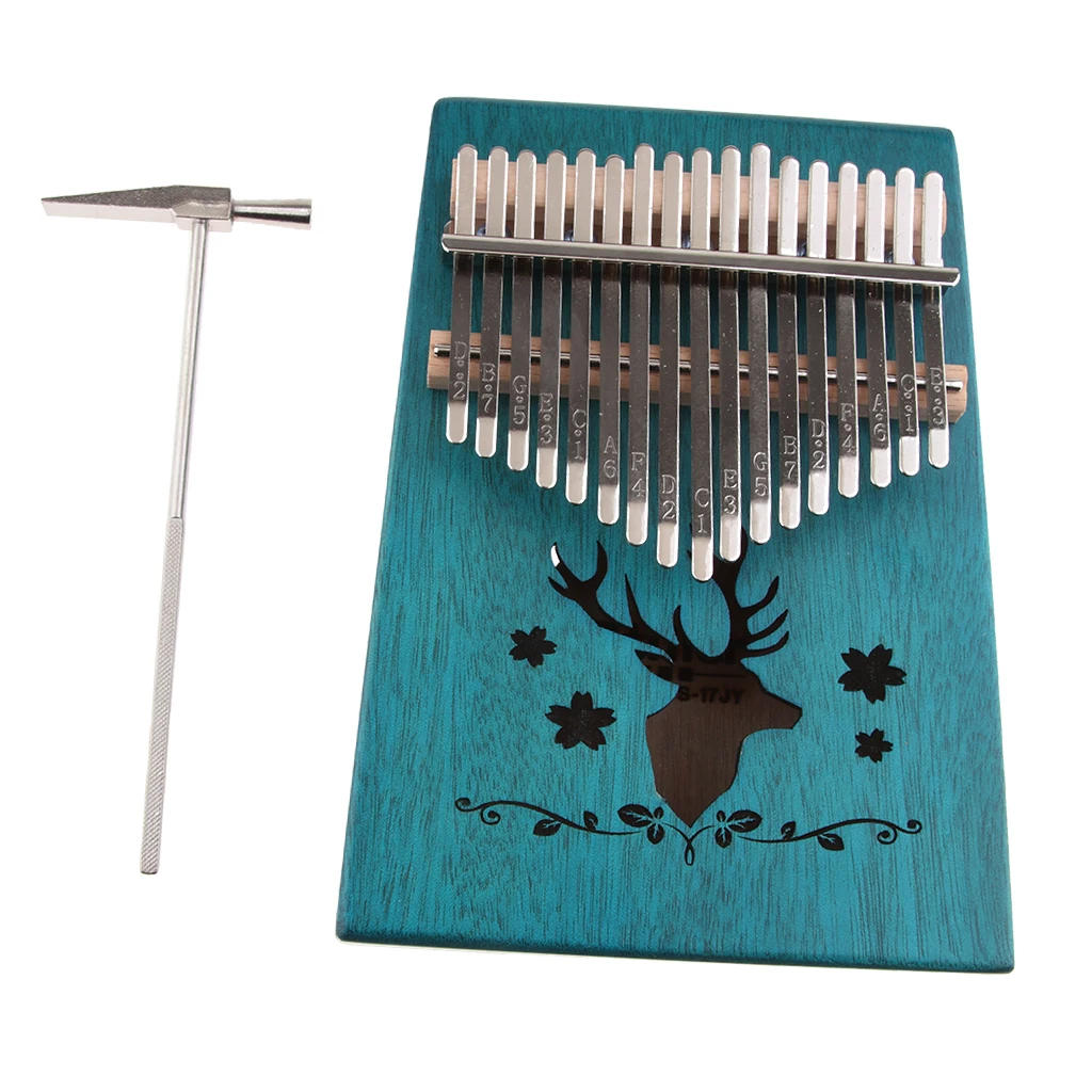 17 Keys Thumb Piano Kalimba Mahogany Beginner Piano Gift Deer Pattern Decoration Finger Percussion Musical Instrument - Blue