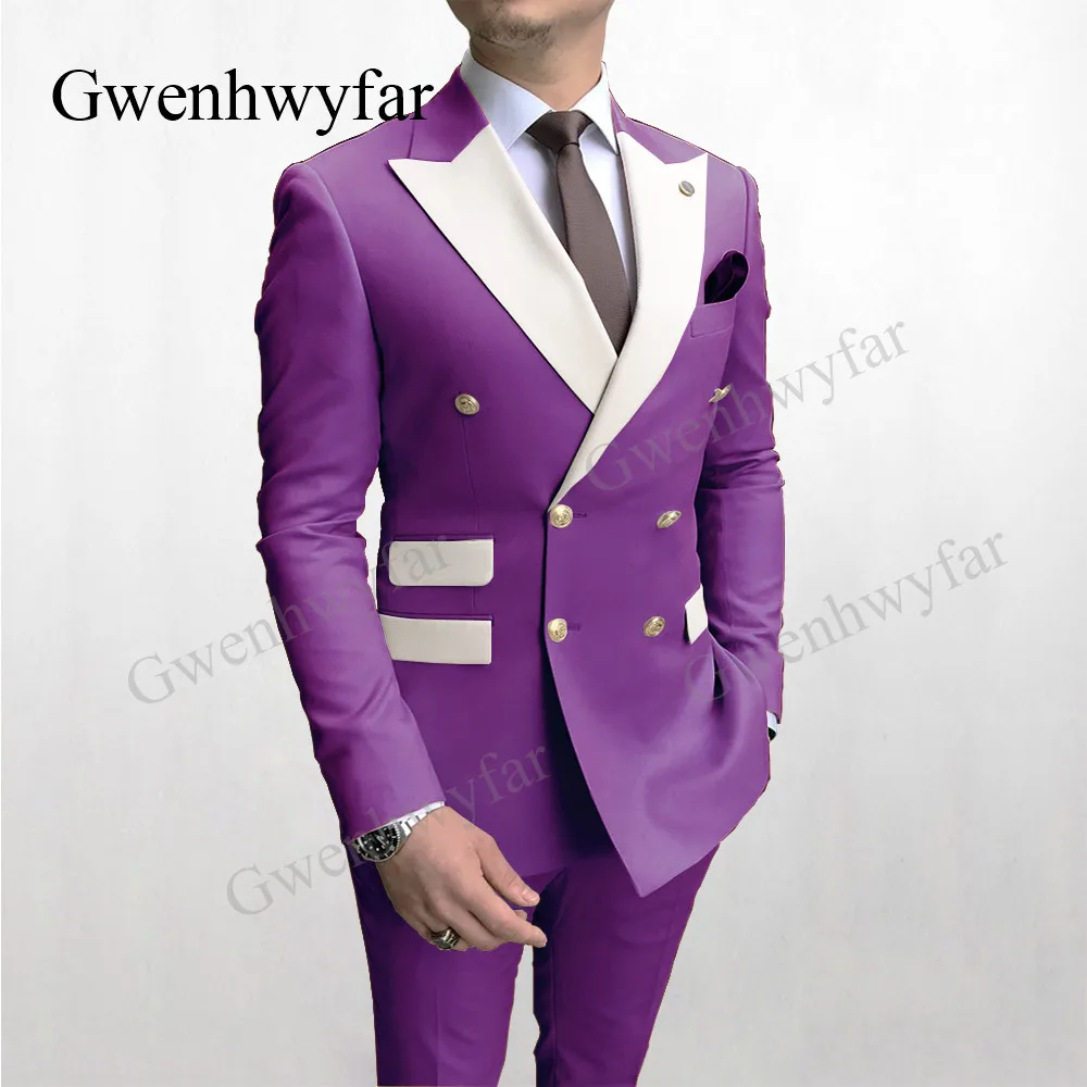 Gwenhwyfar Solid Navy Men Party Tuxedos Suits 2 Pieces Latest Mix Color White Lapel Men Suits Gold Buttons Fashion Style