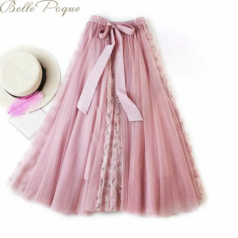 Belle poque, кружевная модная юбка для вечеринки, с бантом, с цветочным рисунком, эластичная, высокая талия, фатиновые юбки, миди, сетчатые, элегантные юбки для девушек, лето