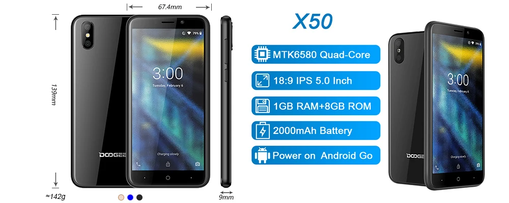 DOOGEE X50 мобильный телефон Android 8,1 MTK6580M четырехъядерный 1 ГБ ОЗУ 8 Гб ПЗУ две камеры 5,0 дюйма 2000 мАч две sim-карты смартфон WCDMA