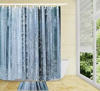 

Woodland Shower Curtain Polyester Fabric Winter Forest Snow Scene Nature View Scene Pattern Waterproof Bathroom Carpet Rugs