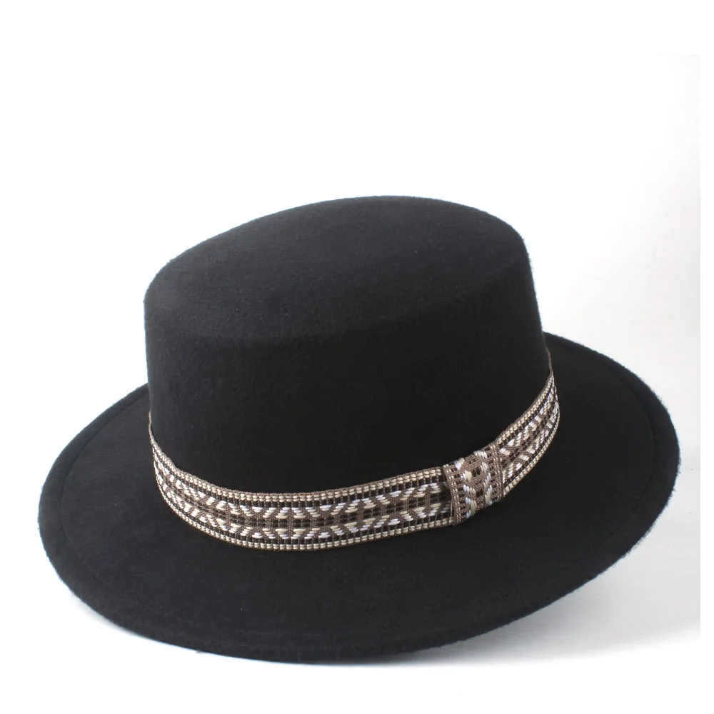 Новая мужская и женская мода Fedora гладкая шляпа Зимняя широкоугольная шляпка для церкви шерсть фетровый, Джазовый головной убор Панама чародейная шляпа размер 56-58 см - Цвет: Black