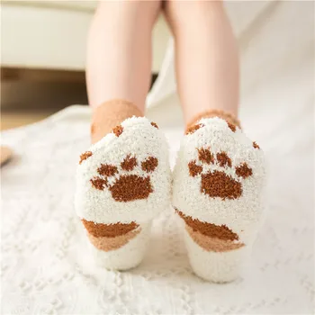 

Autumn and winter models plus velvet thick warm female socks cartoon cute cat paw coral velvet sleep socks home floor socks
