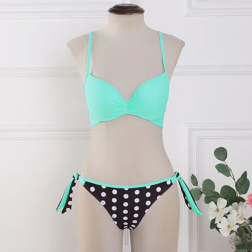2020 Bikini Set Halter Swimwear Women Dot Solid Color Swimsuit Side Bandage Bathing Suit Beachwear Push Up Sexy Bikini