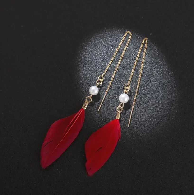 

Temperament Super Fairy Personality Socialite Long Pendant Thin Pearl Red Feather Earrings Earrings Drop Ear Line