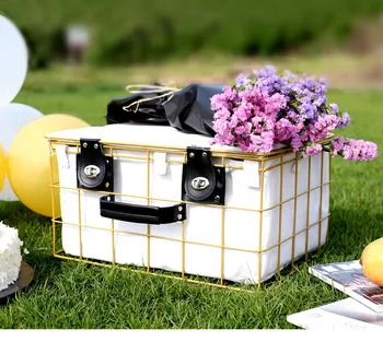 

Outdoor Picnic Basket, Wrought Iron Ins Basket With Cover Insulation Waterproof Fruit Snacks Receive Basket Tubas Shopping Baske