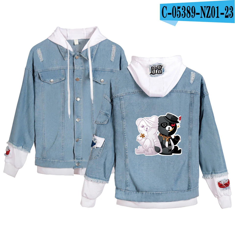 Women/men Dangan Ronpa Hooded Denim Jacket For Women Casual Jeans Jacket Holes Vintage Coat Female loose Streetwear Basic Coats - Цвет: 1