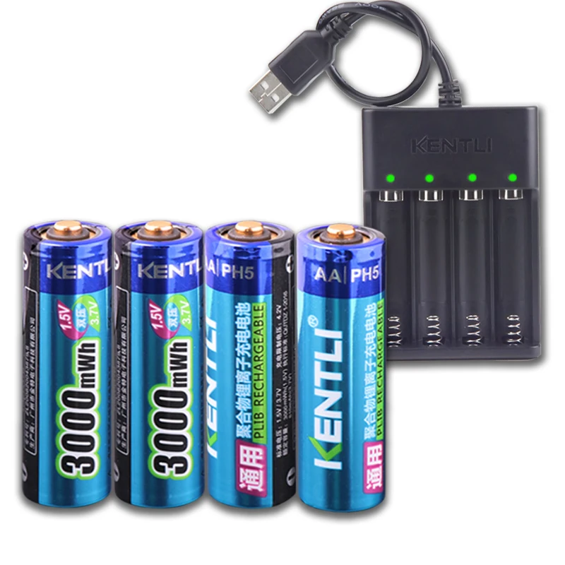 

KENTLI 1.5v 3000mWh no memory effect aa rechargeable li-ion polymer lithium battery + 4 slots USB Charger