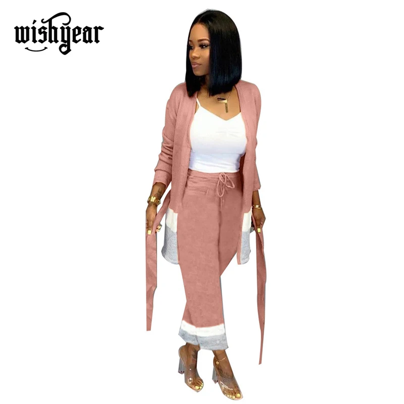 

Wishyear 2019 Autumn Winter Swearter Two Piece Set Color Patchwork Long Sleeve Cardigan Coat with Sashes +Ankle-Length Pants