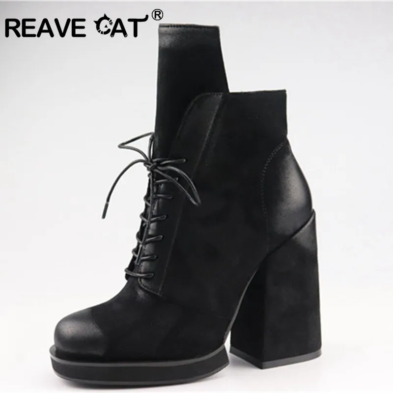 

REAVE CAT Women Ankle Boots suede Chunky high heels Cross-tied Lace Up platform boots Women's party shoes booties black green