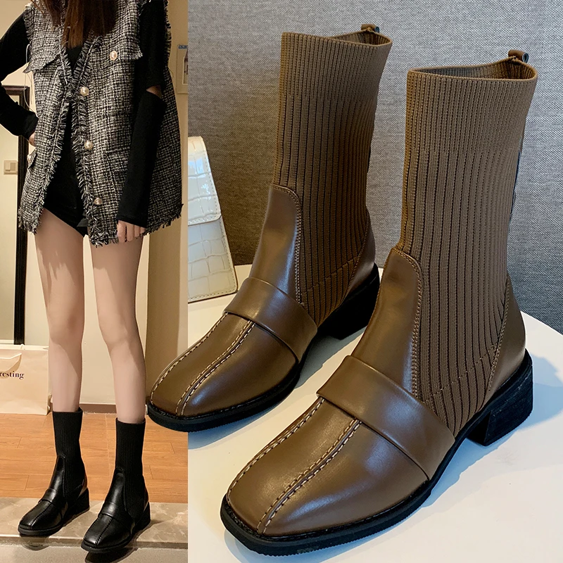 

Mid-calf Boots Women Fashion winter solid Color rome style Leather botas mujer 2020 New Short Plush Warm office leisue shoes