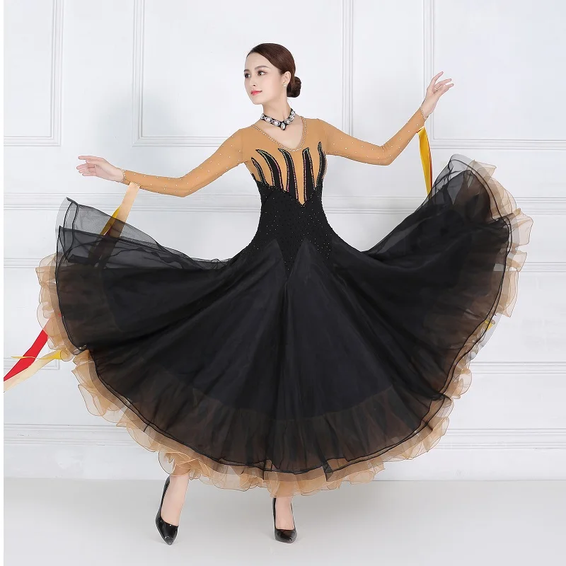 Платье для танцев Вальс с длинным рукавом, женские Современные Бальные танцевальные платья для соревнований, высокое качество, стандартная юбка для бальных танцев
