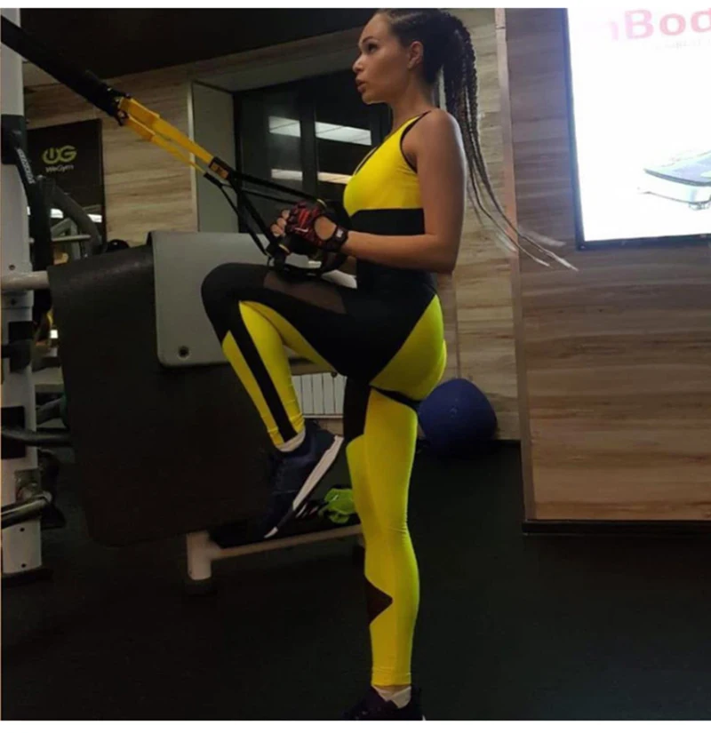 Спортивная одежда для женщин, открытая спина, один комплект для спортзала, сетка, Желтый спортивный костюм для тренировок, спортивная одежда для женщин, одежда для фитнеса