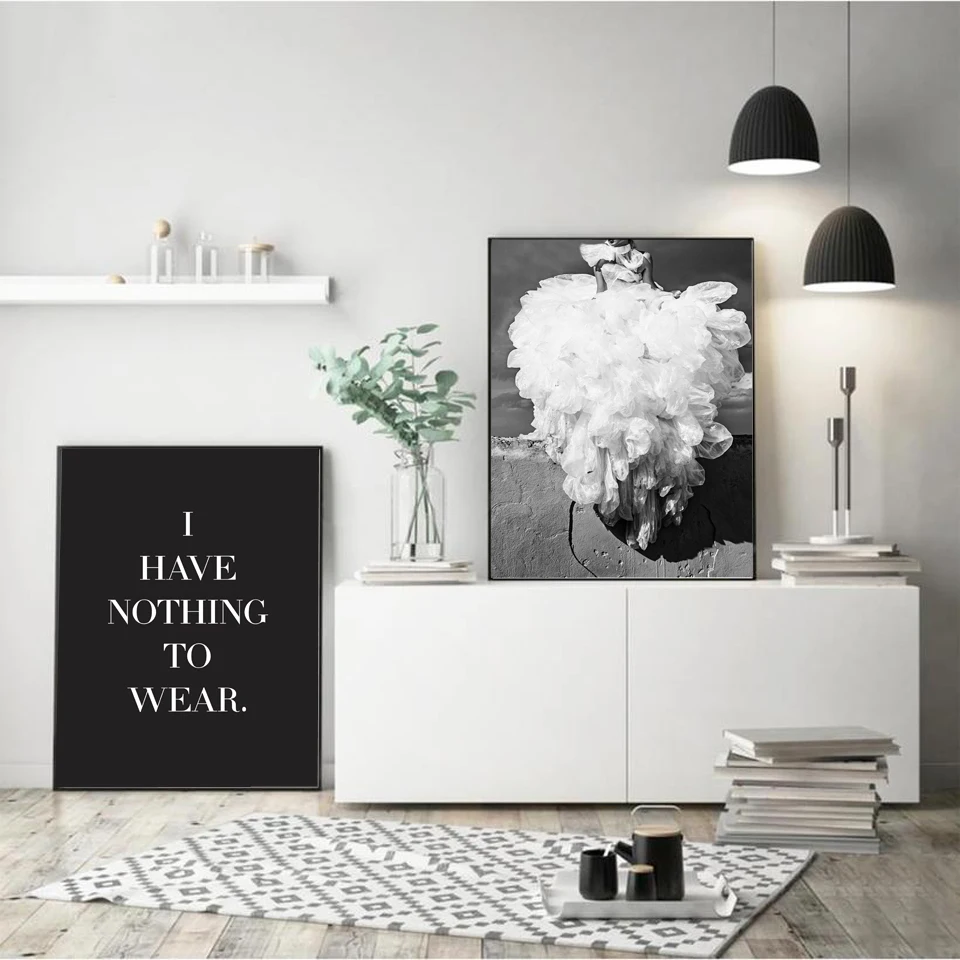Big-Lace-Dress-Sexy-Girl-Canvas-Painting-Nordic-Black-White-i-Have-Nothing-To-Wear-Quotes (2)
