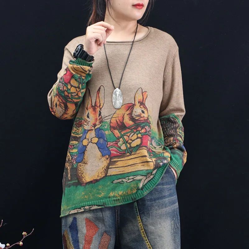

Kawaii Cute Rabbit Cartoon Printing Womens Sweater Loose O-Neck Knit Top Pull Mujer Harjauku Pullovers Long Sleeved Streetwear