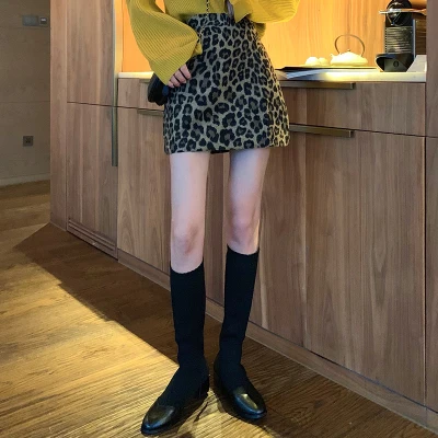Leopard gray Зима осень модная женская мини-юбка с высокой талией леопардовая Мягкая шерстяная юбка из смешанной шерсти леопардовая облегающая трикотажная Мини-юбка - Цвет: Leopard gray