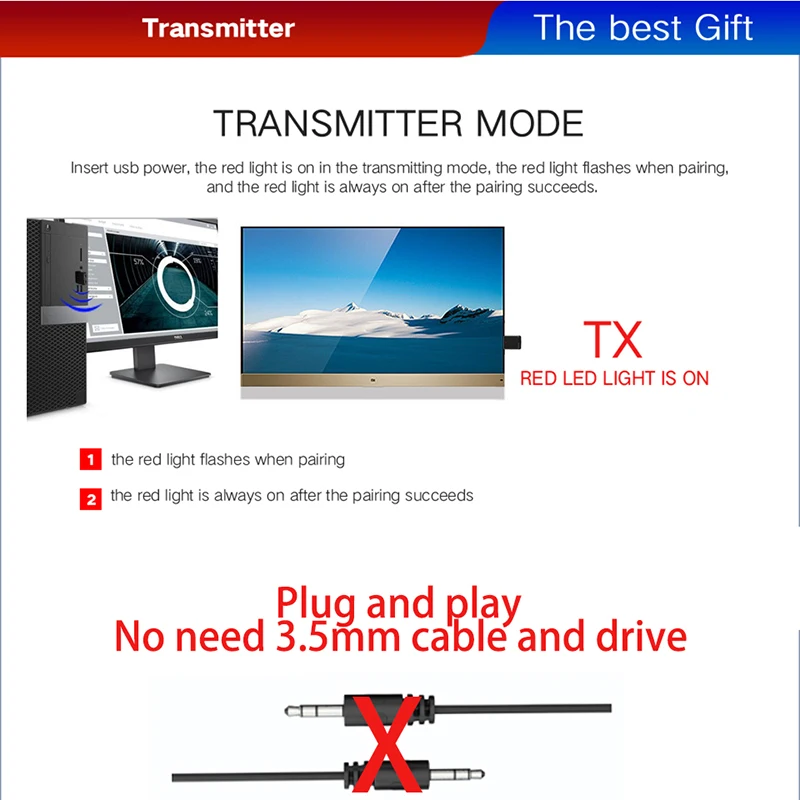 VAORLO USB Bluetooth 5.0 Transmitter Receiver 3 in 1 EDR Adapter Dongle 3.5mm AUX for TV PC Speaker Home Stereo Car HIFI Audio bluetooth adapter bluetooth audio receiver bluetooth transceiver adapter audio adapter bluetooth aux adaptor