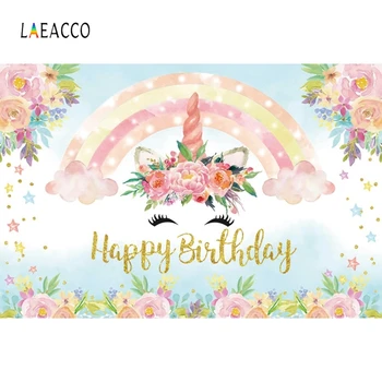 

Laeacco Birthday Photophone Unicorn Party Rainbow Clouds Flowers Stars Photography Backdrops Baby Newborn Photo Backgrounds Prop