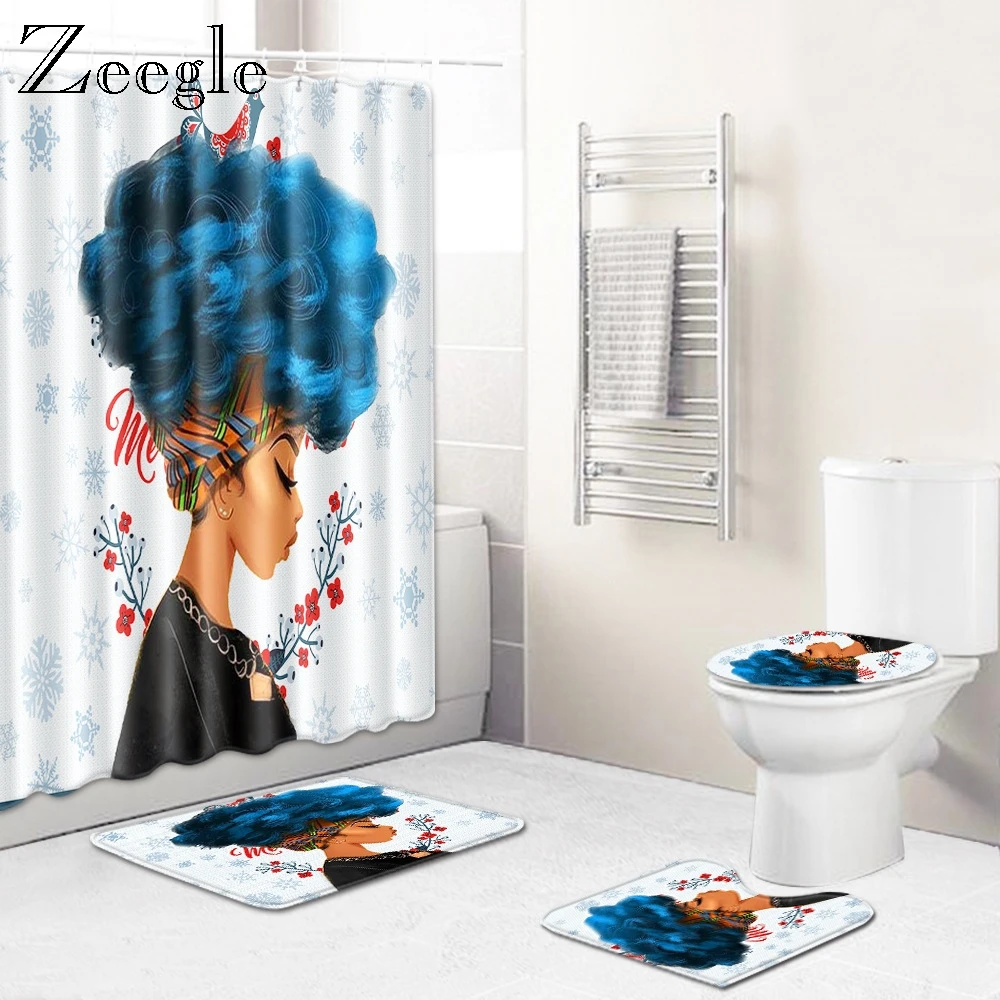 Christmas Bathroom Curtain African Shower Curtain 4pcs Toilet Mat Set Non-slip Bathroom Doormat Shower Mat Toilet Cover Seat Mat
