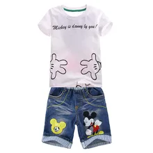 Модные комплекты с изображением Микки Мауса, одежда для маленьких мальчиков летняя футболка с короткими рукавами и принтом Микки Мауса+ джинсовые шорты, комплекты детской одежды для мальчиков