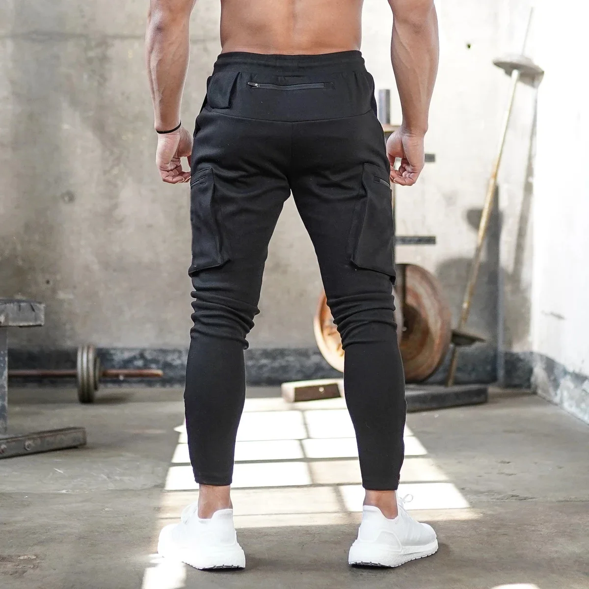 Men's cotton fitness sports pants men's outdoor fitness running training pants Men's multi-pocket zipper sports slim-fit pants green cargo pants men