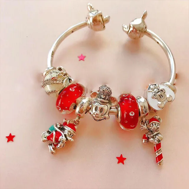 

High Quality 1:1 100% 925 Silver sterling red charm enamel mouse accounts free charter bracelet