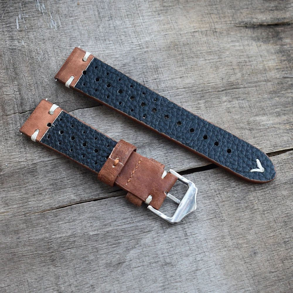 Vintage Genuin Leather Watchband 20mm 22mm 24mm Porous Breathable Handmade Stitching Watch Strap for Watch Accessories