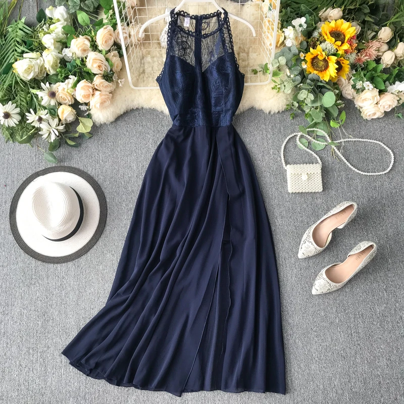 2020 Sexy Halter Neck Lace Patchwork Maxi Long Dress Elegant Summer Party Women Tank Sundress Sexy Split Casual Evening Vestidos