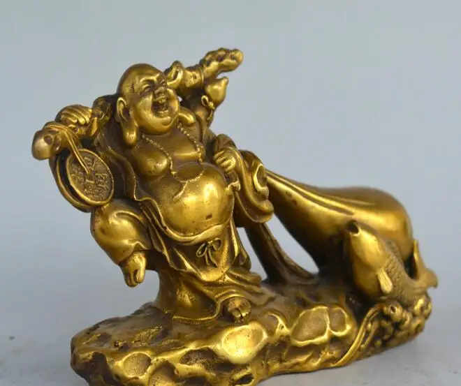 Китайская латунь богатство рыба мешок денег счастливый смех Майтрея статуя Будды