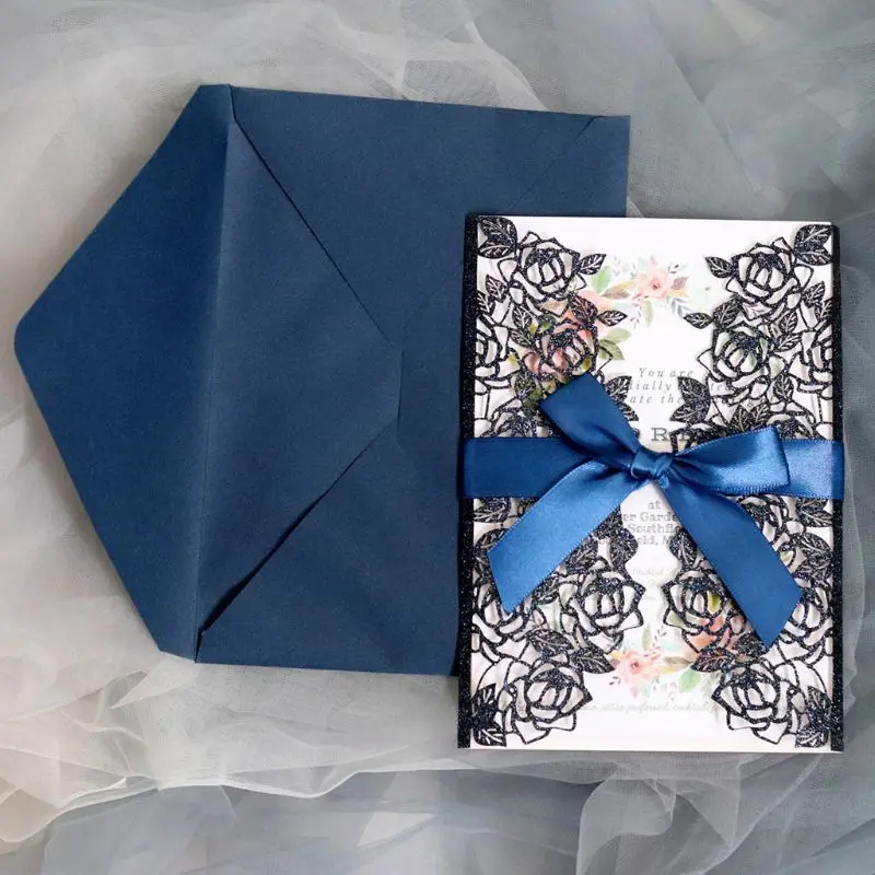  10pcs/set Glitter Laser Cut Rose Invitations Card With Ribbons Wedding Party 72XF - 4000389161397