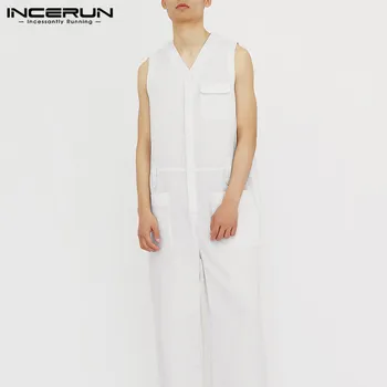 

INCERUN 2020 Fashion Men Cargo Overalls Sleeveless Solid Multi Pockets V Neck Streetwear Jumpsuit Cotton Pants Men Rompers S-5XL