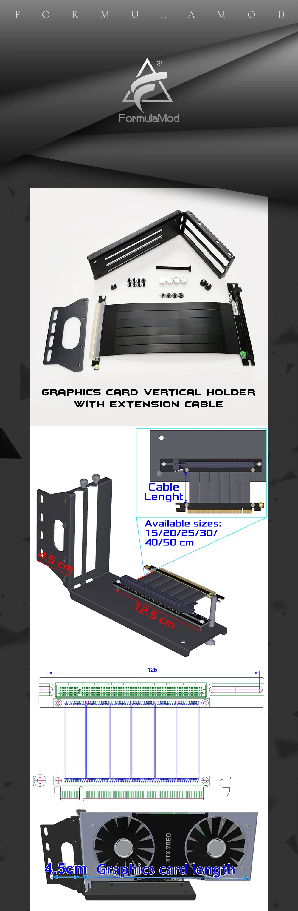 FormulaMod Fm-ZJYCX, Graphics Card Vertical Holder With Extension Cable, Fixed GPU Vertical, PCI-E Built-in Steering Bracket  