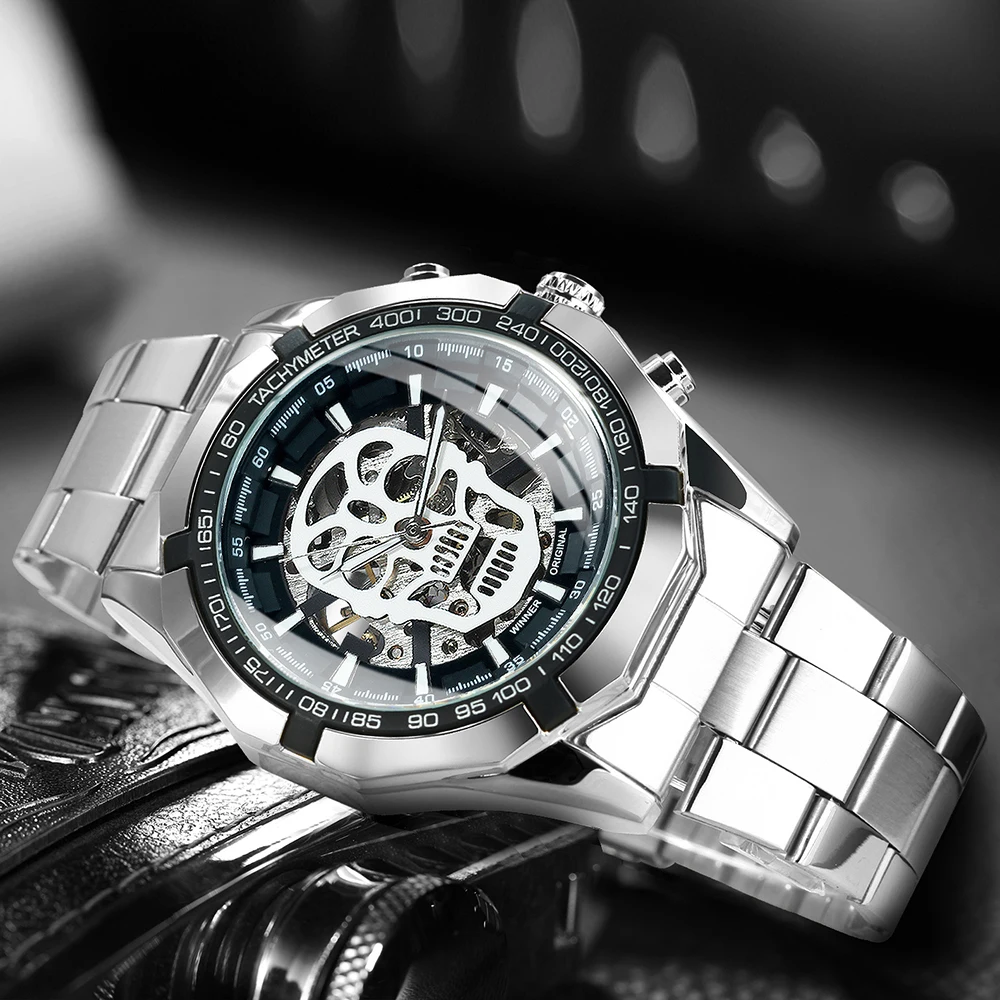 WINNER-reloj dorado automático oficial para hombre, pulsera mecánica con correa a la moda, Calavera, de lujo, venta al por mayor - Imagen 4