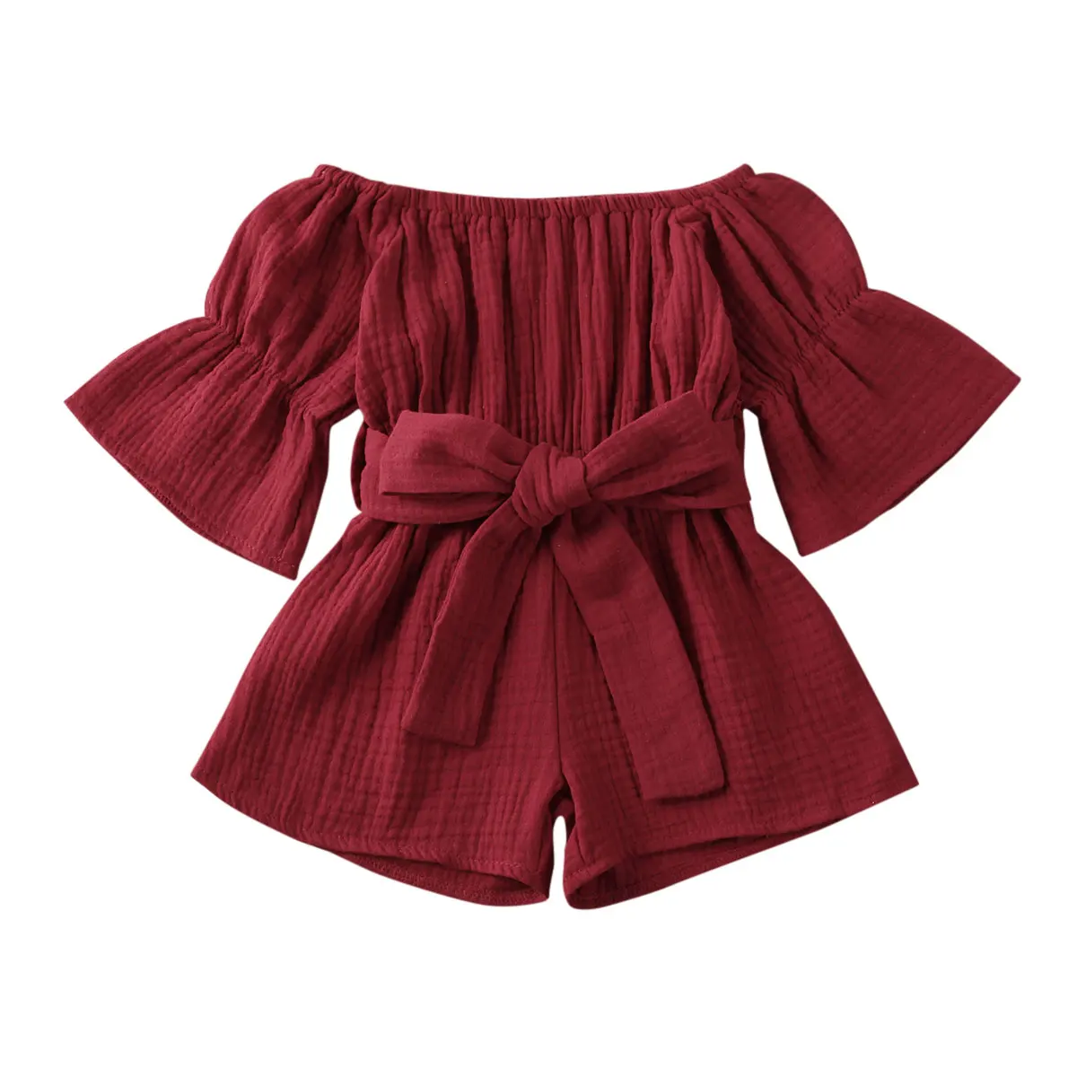 Kid Baby Girls Short Sleeve Off Shoulder Romper Jumpsuit Solid Bow Playsuit Clothing