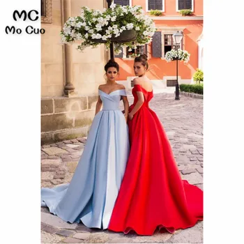 

A-Line Off the Shoulder Evening Dresses Prom Gown with Pocket Vestidos de fiesta Hard Satin vestido de festa longo Evening Dress