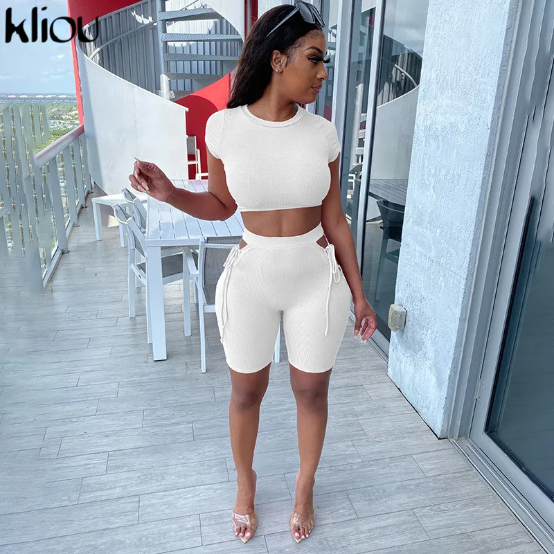 Kliou Tracksuit Women Casual Ribbed Sporty Solid Matching Set Short Sleeve+Bandage Hollow Out Biker Shorts Stretchy Slim Fitness