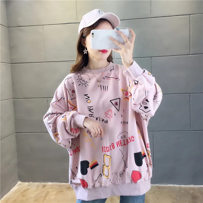 Women Autumn Graffiti Oversized Fashion Girls Loose Fit Long Coat Korean Kawaii Tops Hoodies Sweatshirts Women's Clothes