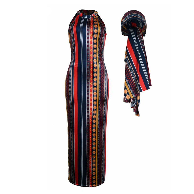 Полосатое винтажное богемное платье с круглым вырезом без рукавов плюс размер платье повседневное платье макси с головным шарфом